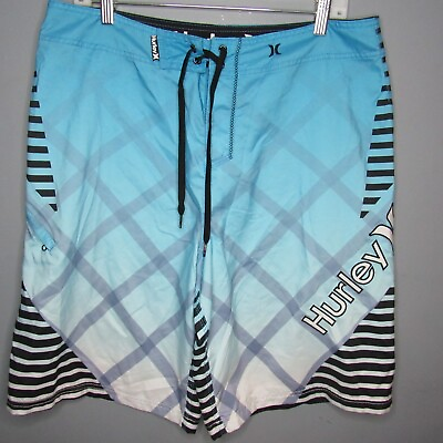 #ad #ad Hurley Board Shorts Mens Sz 36 Swim Trunks Blue Black White Unlined Bermuda 22quot;L