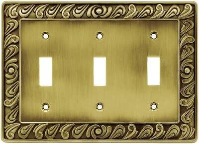 64055 Paisley Triple Switch Tumbled Antique Brass Cover Plate