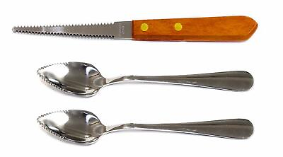 Set of 2 Grapefruit Spoons and 1 Grapefruit Knife Stainless Steel Serrated Ed...