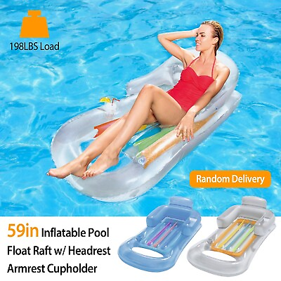 #ad Inflatable Pool Float w Headrest Armrest Cupholder Swimming Pool Lounger 59 in