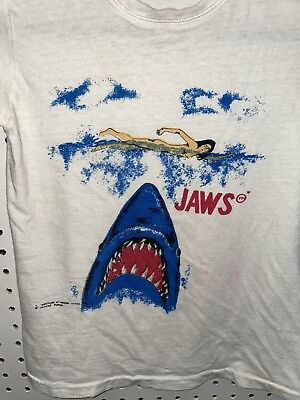 CRAZY RARE Vtg Original 70#x27;s JAWS MOVIE T SHIRT Girl Swimming Above Shark YOUTH