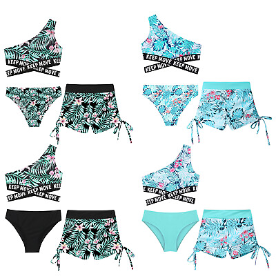 #ad #ad Girls Swimwear Drawstring Set 3PCS Swimsuit Printed Tops Beach Briefs Swimming
