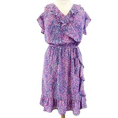 #ad NEW Simply Styled Womens A Line Ruffle Dress Purple Blue Abstract Size 14