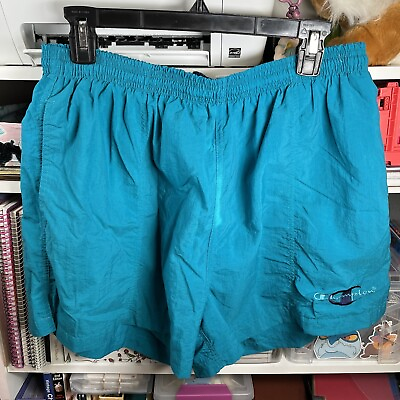 #ad Vtg Champion Swimsuit 90s Bright Teal Swim Short Trunks Spellout Hoochie Daddy L