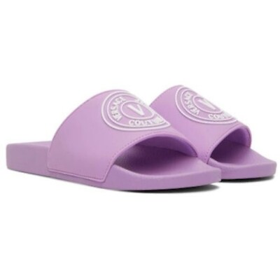 #ad VERSACE JEANS COUTURE Purple V Emblem Sandals Pool Slides Size: 6.5 38 NEW