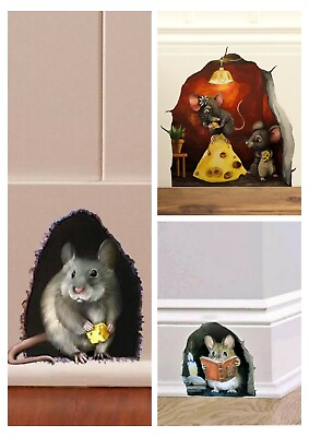 3 Pack 3D Wall Sticker Realistic Mouse Wall Sticker Miniature Mouse Hole Decal