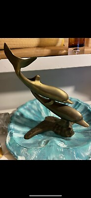 Amazing Large Vintage Brass Swimming DOLPHINS Sculpture 14quot; tall
