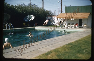 #ad Swimming Pool Man Diving Board Umbrella 35mm Slide 1950s Red Border Kodachrome