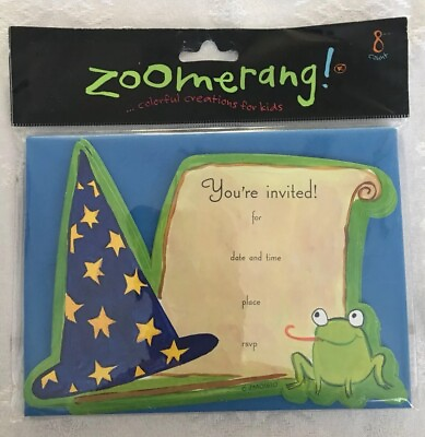 #ad ZOOMERANG Party Invitations 8 Diecut Cards W Envelopes Wizard Hat amp; Frog NIP