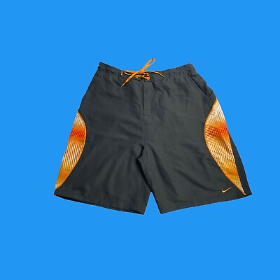 #ad Nike Men Size Large Gray Orange Swim Trunks Board Shorts Swoosh Mesh Lined
