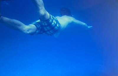 #ad Vintage Photo Slide 1969 Man Swimming Underwater Blue Ocean