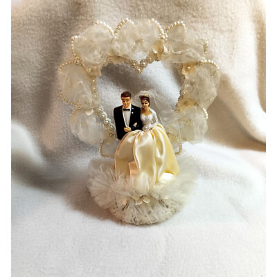 #ad Vintage 60s Wedding Cake Topper Satin dress netting pearls heart 8.5quot; tall