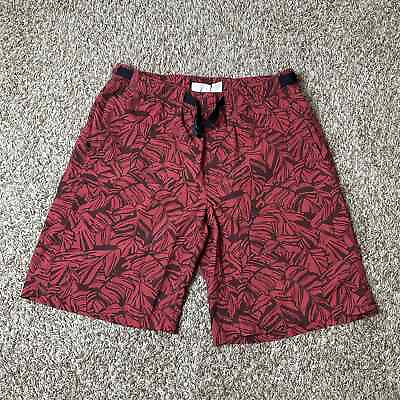 #ad L.L. Bean Red Brown Leaf Print Belted Swim Shorts Trunks Medium