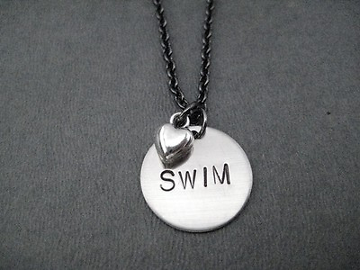SWIM LOVE Swimming Necklace on 18 inch gunmetal chain Swimmer Swimming Jewelry