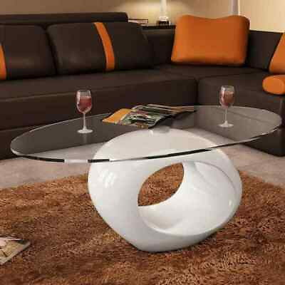 Modern Oval Coffee Table Glass Top High Gloss White Living Room 45.3quot;x25.6quot; NEW
