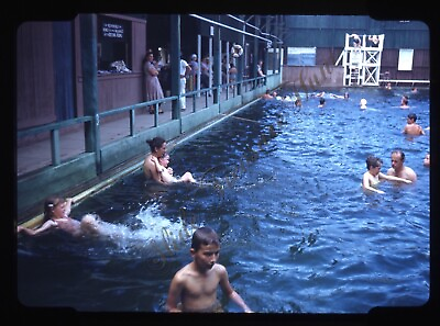 #ad Public Swimming Pool People 1950s 35mm Slide Red Border Kodachrome