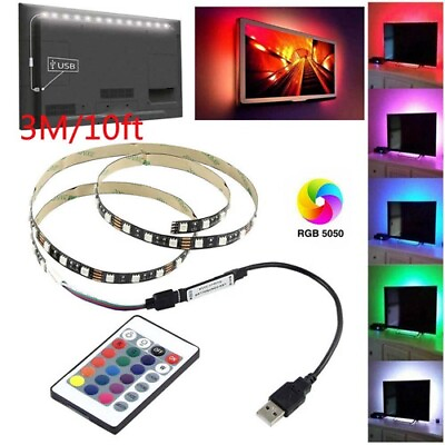 10ft USB LED Strip Lights TV Back Light 5050 RGB Colour Changing 24Key Remote