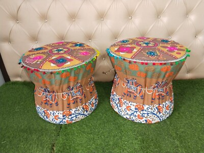 Bohemian Throw Puff Cover 18quot; Cotton Mudda Round Footstool Best Cover Set Of 2