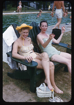 Pretty Women The Poconos Swimming Pool 1950s Slide 35mm Red Border Kodachrome