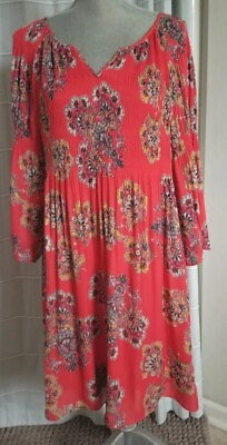 #ad #ad Red Floral Tunic Dress 12 Flutter Sleeves Lined Above Knee