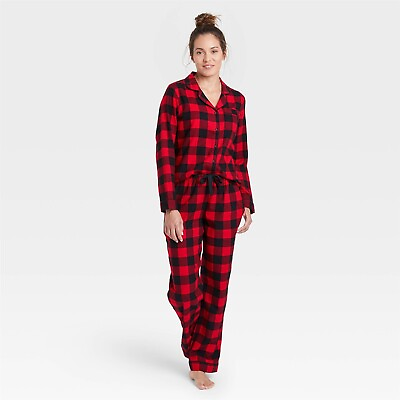 Stars Above 2pc Womens Flannel Pajama Set Check Print Red Black