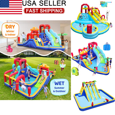 #ad 3 Style Deluxe Inflatable Water Slide Park Bouncy Station for In Outdoor Fun