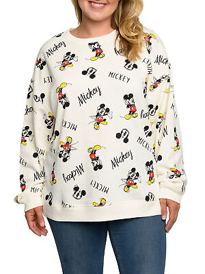 #ad Disney Womens Plus Size Mickey Mouse Fleece Long Sleeve All Over Sweatshirt
