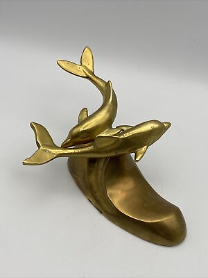 Vintage Solid Brass Dolphins Swimming Sculpture 5x3quot; Hawaii Souvenir