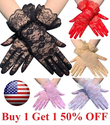 #ad 5 Colors Women Short Lace Floral Gloves Gothic Bride Wedding Mittens