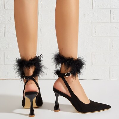 #ad Summer Pump Pointy Toe Fur Trim Ankle Strap Sandals High Heels Shoes Party Women