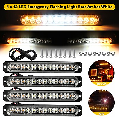 4PCS Amber White 12 LED Car Truck Strobe Light Bar Flashing Warning Hazard Lamps