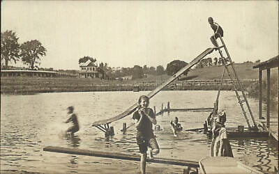 Children Swimming Slide CRISP Unidentified Real Photo Postcard