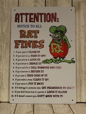 #ad Rat Fink Rules Tin Metal Sign Poster Vintage Look Hot Rod Racing Man Cave Garage