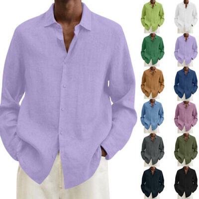 #ad Mens Long Sleeve Linen Shirt Summer Loose Fit Lightweight Button Down Shirt New