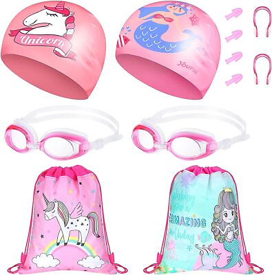#ad 12 Pieces Kids Swim Caps and Swimming Goggles Storage Bag with Ear Plug and Nose