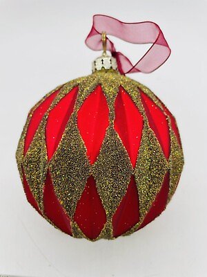 #ad #ad Frontgate Large Christmas Glass Red Gold Glitter Ornament