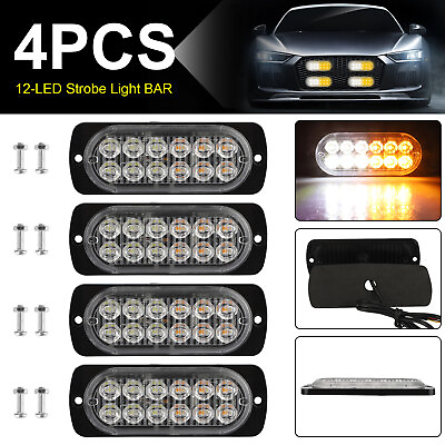 4x 12 LED Strobe Light Bar Car Truck Flashing Warning Hazard Beacon Amber White
