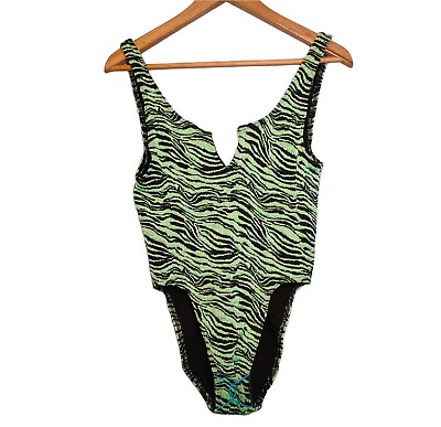 Asos Design Crinkle Swimsuit Green Zebra Print UK Size 10 12 Swimming Costume