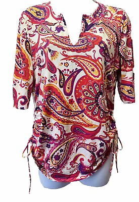 #ad Lands End Women#x27;s S 6 8 Modest Swim Top Ruched Tie Sides Pink Paisley Stretch
