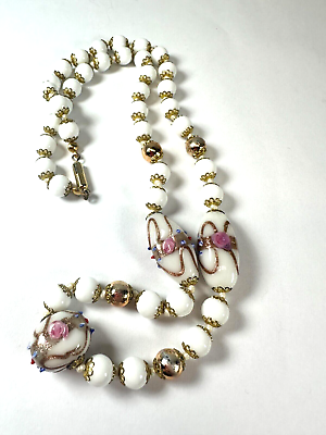 #ad Vintage Necklace Glass Wedding Cake Beads Knotted Filigree Cap White 20in