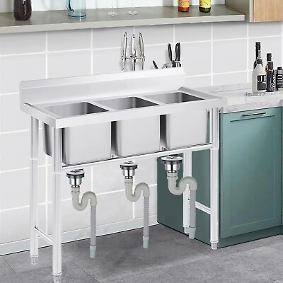 Commercial Utility Prep Sink Stainless Steel 3 Compartment w Basins Backsplash