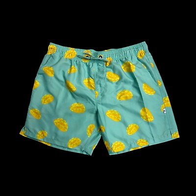 #ad Bondi Beamers Mens Size XL Diced Mango Print Mesh Lined Teal Swim Board Shorts
