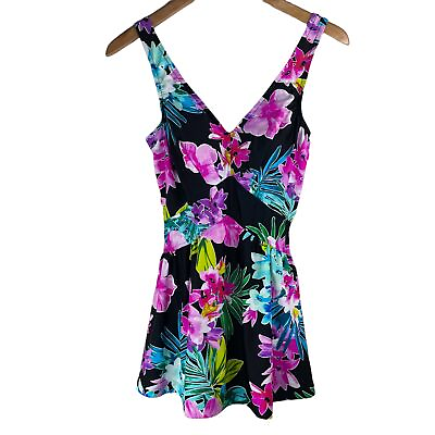 #ad Rose Marie Reid Floral Swim Dress Sleeveless V Neck One Piece Boho Women#x27;s S