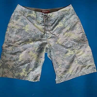 #ad Simms Men#x27;s Board Shorts XL 36 38 Gray Green Camouflage Zip Pocket Swim FLAW**