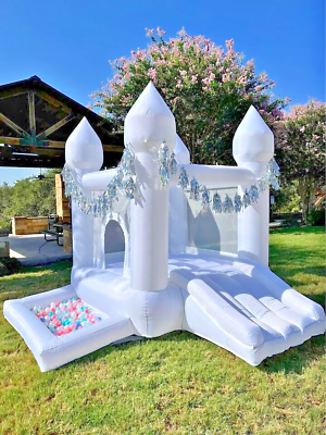 #ad Home Use 9x7ft Moonwalk Inflatable White Bounce House With Ball Pit For Toddlers