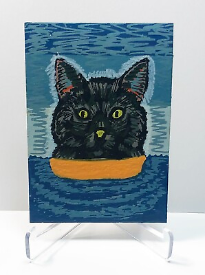 #ad ACEO Painting Original Folk Art Card quot;KITTY CAT SWIMMING quot; ACRYLIC