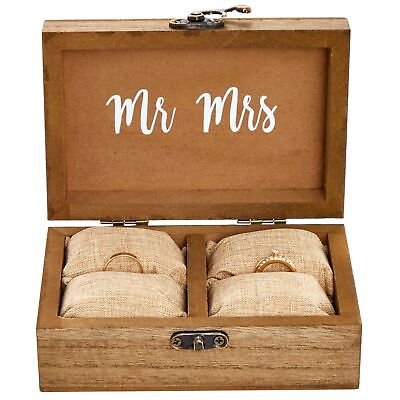 #ad Wood Wedding Ring Box with Burlap Pillow Lining 6 x 4 x 2 In