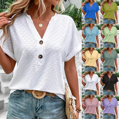 #ad Women#x27;s Solid V Neck T Shirt Summer Short Sleeve Casual Loose Tunic Tops Blouse