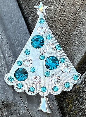 #ad Christmas Tree Aqua Blue Crystal Rhinestone Brooch Pin Glass Vintage Holiday US
