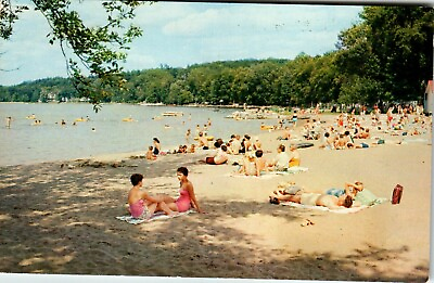 Postcard NY Brown#x27;s Beach Saratoga Lake Sunbathing Swimming Rafts Sand Towels